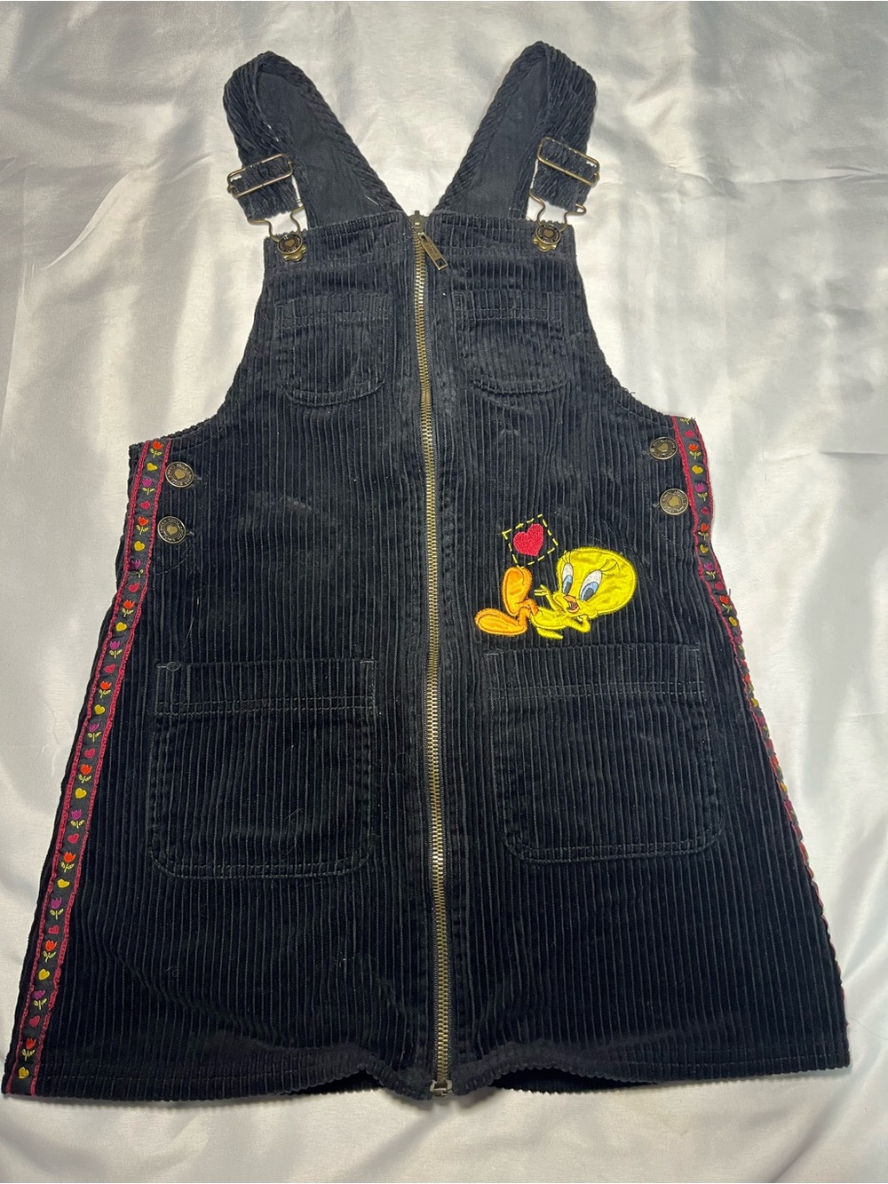 Vintage 90s Looney Tunes Tweety Bird Jumper Dress Girls Size 10 Black Corduroy